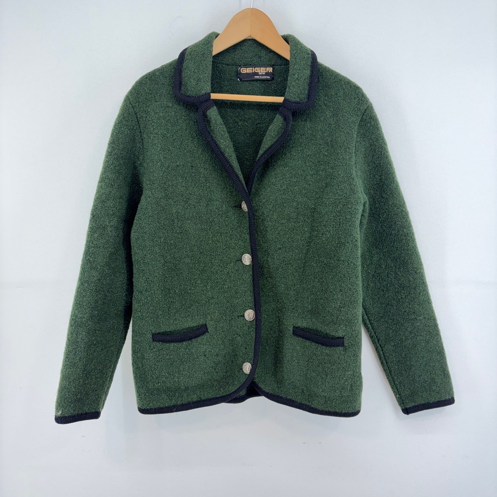 Geiger Tyrol Austria Green Boiled Wool Cardigan Jacket Med Crest Buttons Vintage